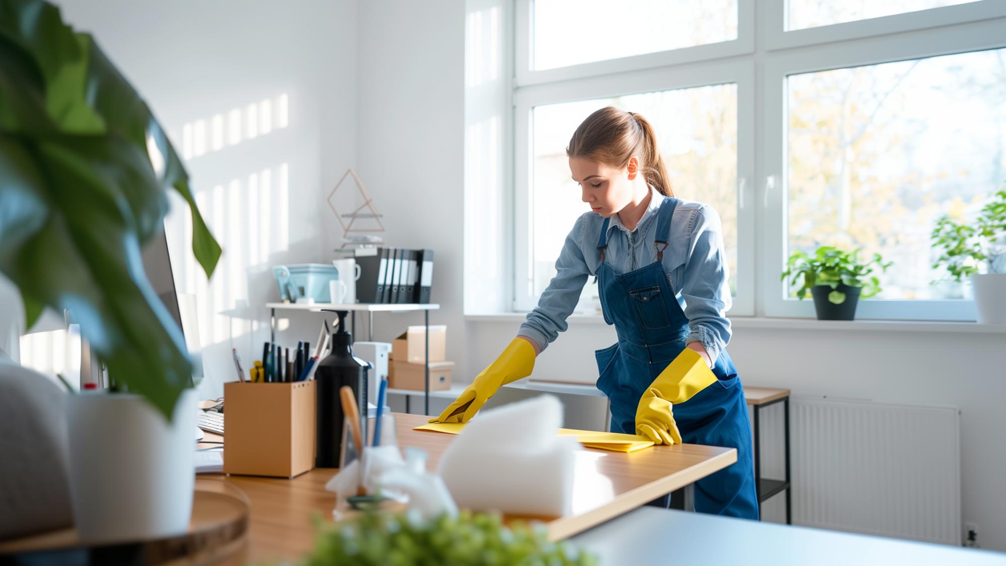 A woman wearing yellow cleaning gloves is wiping down a wooden desk in a bright, modern office space with large windows and plants in the background. She is focused on her task, and the room is well-lit by natural light.
